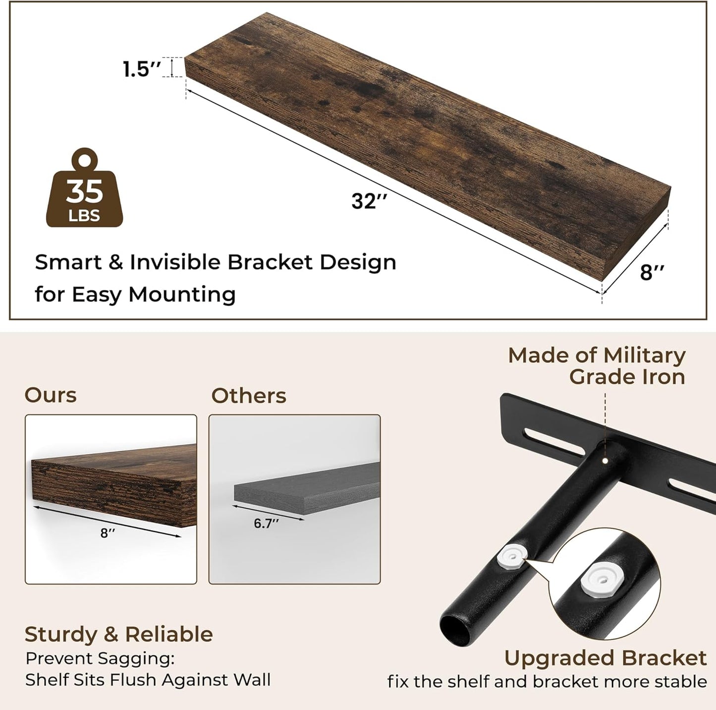 RICHFOCUS 72Inch Floating Shelves for Wall 2 Pack Shelves for Bedroom|Kitchen|Bathroom Wall Mounted Rustic Wood Floating Shelf with Invisible Brackets for Books|Storage|Decor, Rustic Brown