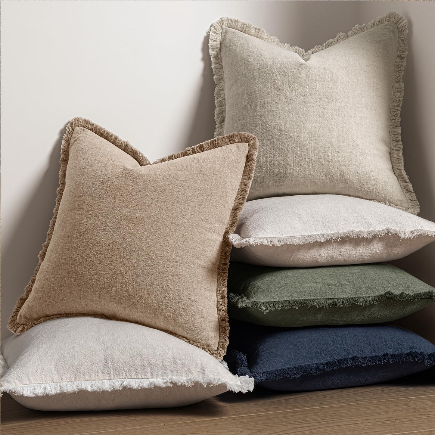 MIULEE Decorative Throw Pillow Covers Neutral Linen Fringe Throw Pillows Set of 2 Natural Beige Boho Farmhouse Cushion Covers with Tassels for Couch Sofa Bed Spring Home Decor 20x20 Inch