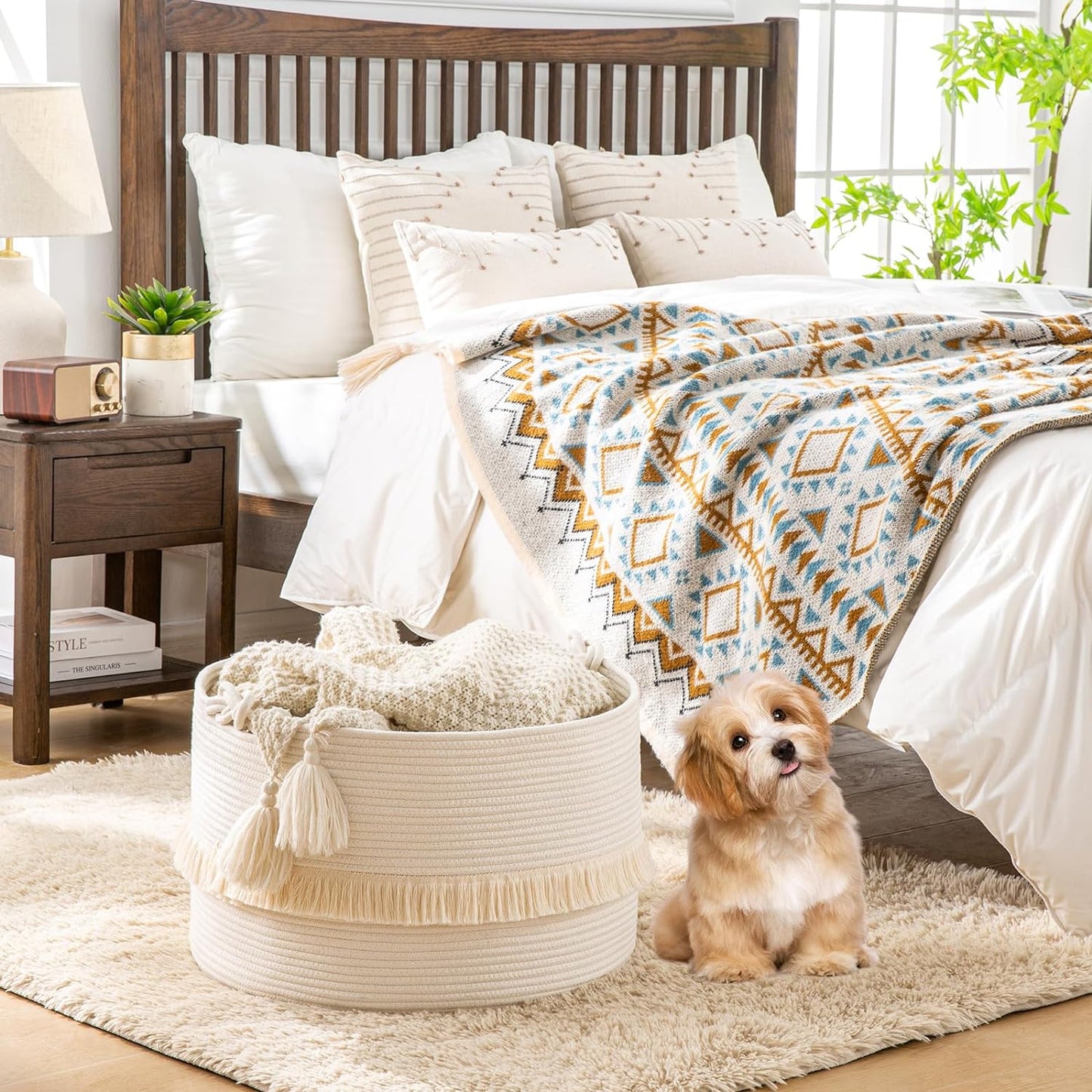 KAKAMAY Large Blanket Basket (20"x13"),Woven Baskets for storage Baby Laundry Hamper, Cotton Rope Blanket Basket for Living Room, Laundry, Nursery, Pillows, Baby Toy chest (White/Brown)