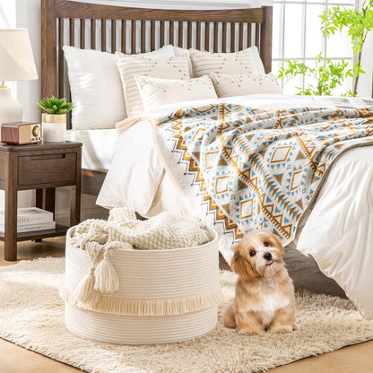 KAKAMAY Large Blanket Basket (20"x13"),Woven Baskets for storage Baby Laundry Hamper, Cotton Rope Blanket Basket for Living Room, Laundry, Nursery, Pillows, Baby Toy chest (White/Brown)