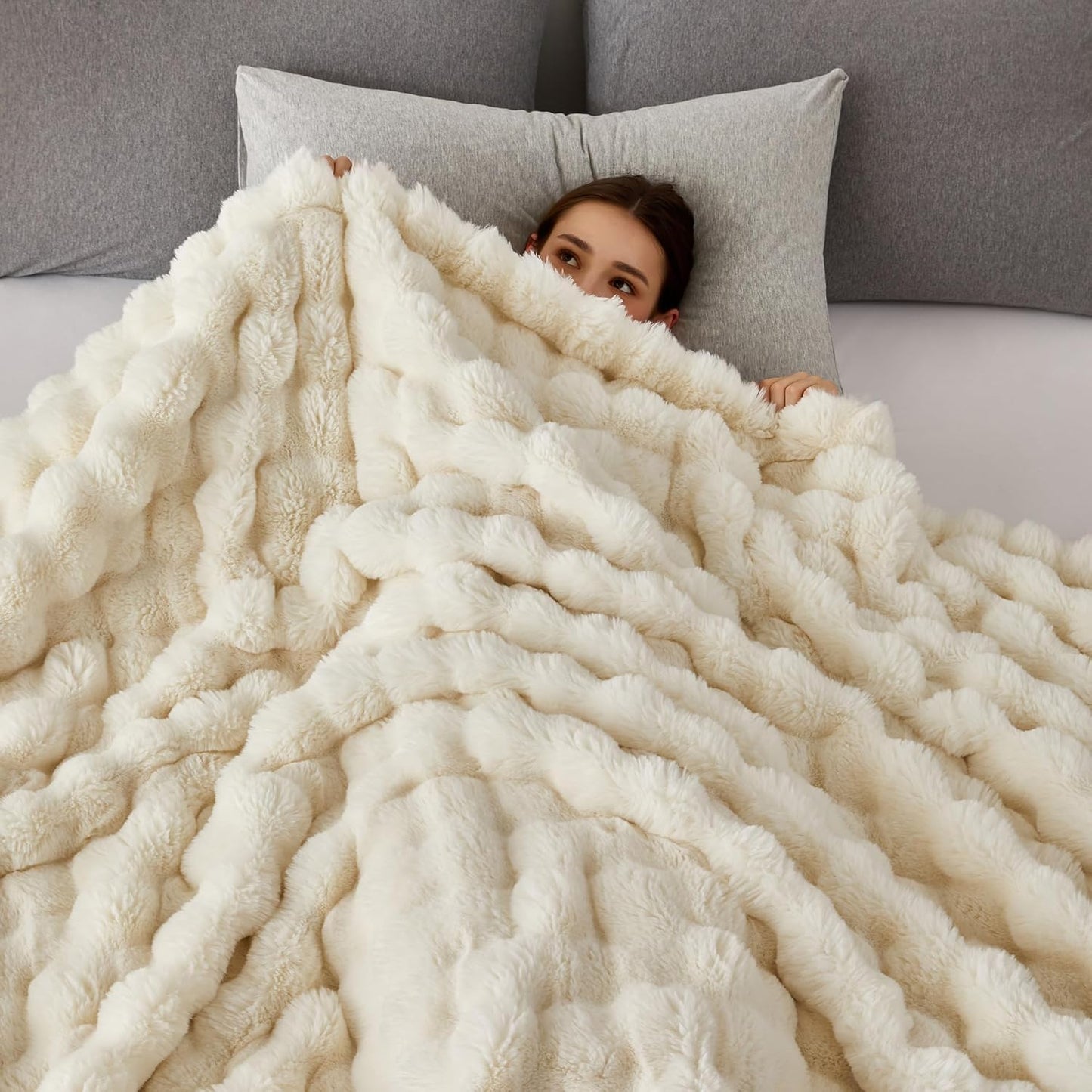 COOVA Faux Fur Throw Blanket for Couch, Cozy Soft and Fuzzy Plush Rabbit Fur Bubble Blanket for Sofa Bedroom Living Room, 50x60 Inches Tie Dye Brown