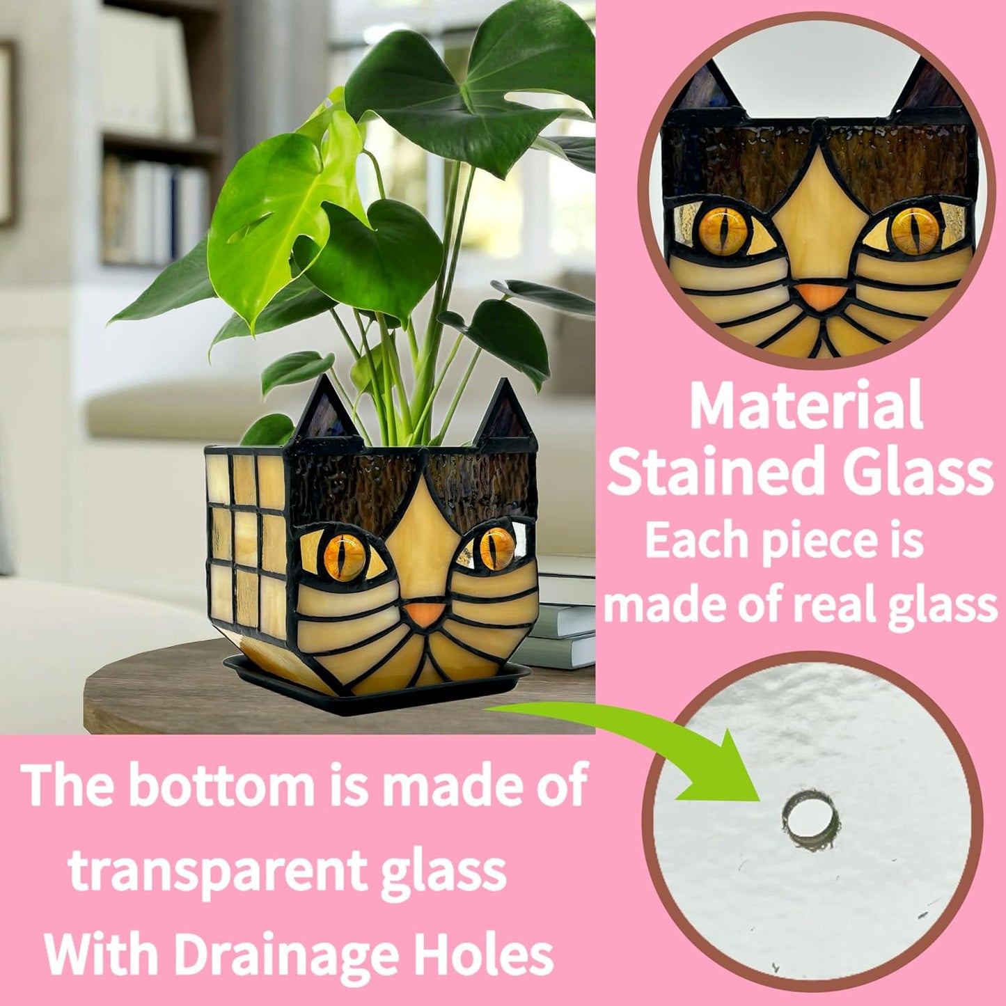 Tiffany Stained Glass Fun Moon Sleeping Cat Planter，Cactus Planter，Cute Planters for Indoor Plants,Decorative Flower Pots As Gifts for Cat Lovers，4.6x3x5.15 in