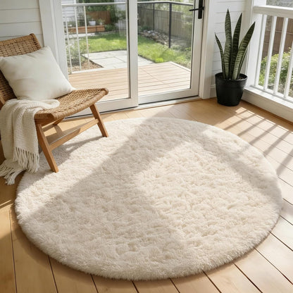 Ophanie Round Rugs 5Ft Ivory Circle Area Rug, Nursery Room Decor, Christmas Aesthetic Bedroom Home Circular Carpet 5 Foot, Fluffy Fuzzy Shag Plush Cream Living Room Rugs for Kids Boys Girls Teen Baby