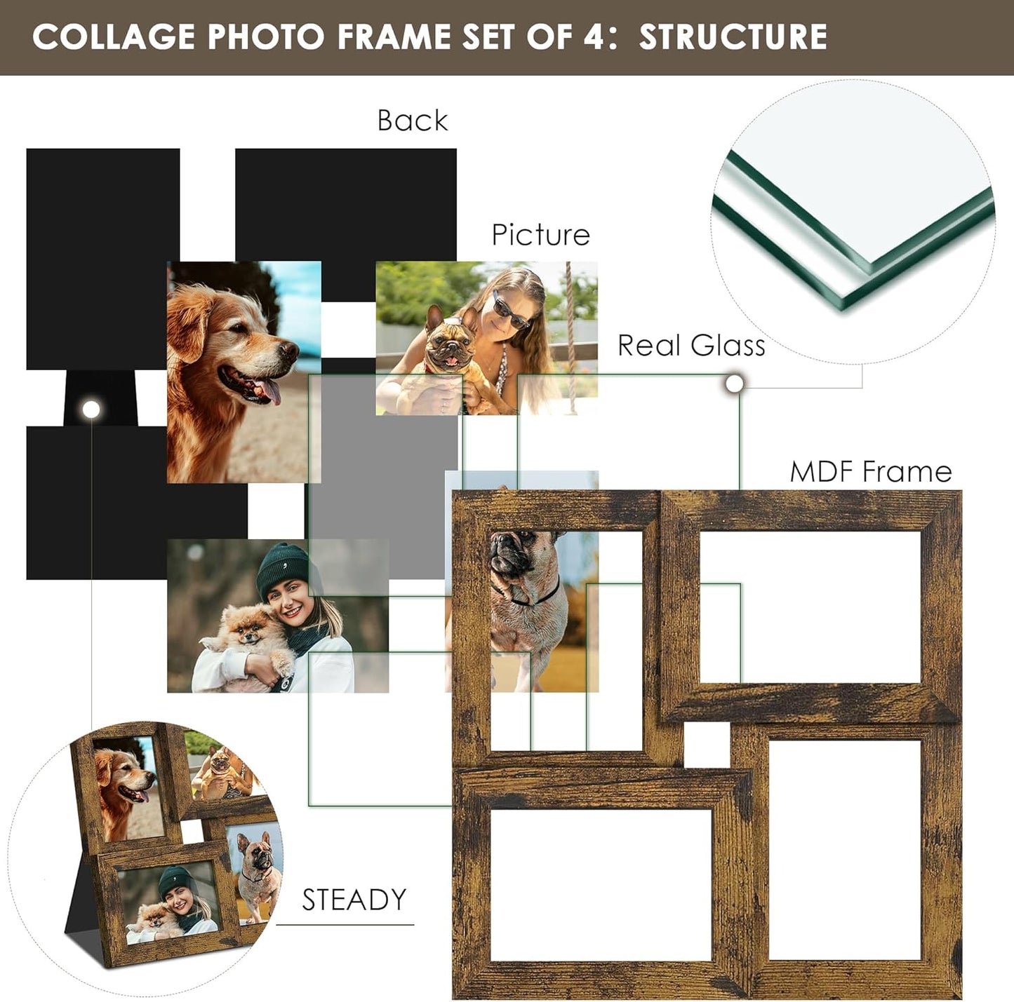 DUENPY 4x6 Collage Picture Frame Tempered Glass Front, Displays Four 4x6 Photo, Family Photo Collage Frame, Wall Decor Wall Hanging or Tabletop, Brown