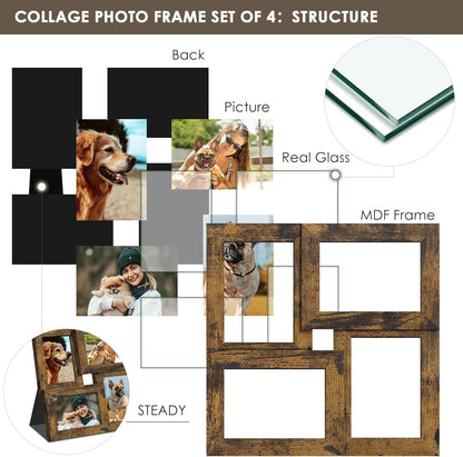 DUENPY 4x6 Collage Picture Frame Tempered Glass Front, Displays Four 4x6 Photo, Family Photo Collage Frame, Wall Decor Wall Hanging or Tabletop, Brown