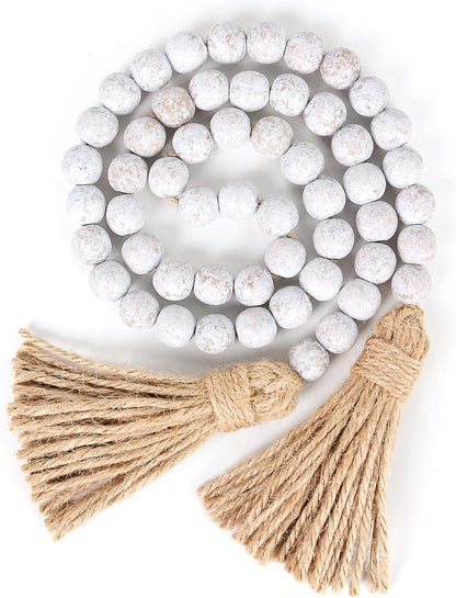 Wood Bead Garland Farmhouse Beads with Tassels,Farmhouse Tassel Garland Country Wall Hanging Decor Prayer Beads(39 inches/Nature)
