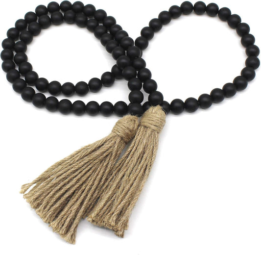 CVHOMEDECO. Wood Beads Garland with Tassels Farmhouse Rustic Wooden Prayer Bead String Wall Hanging Accent for Home Festival Decor. Mix Distressed