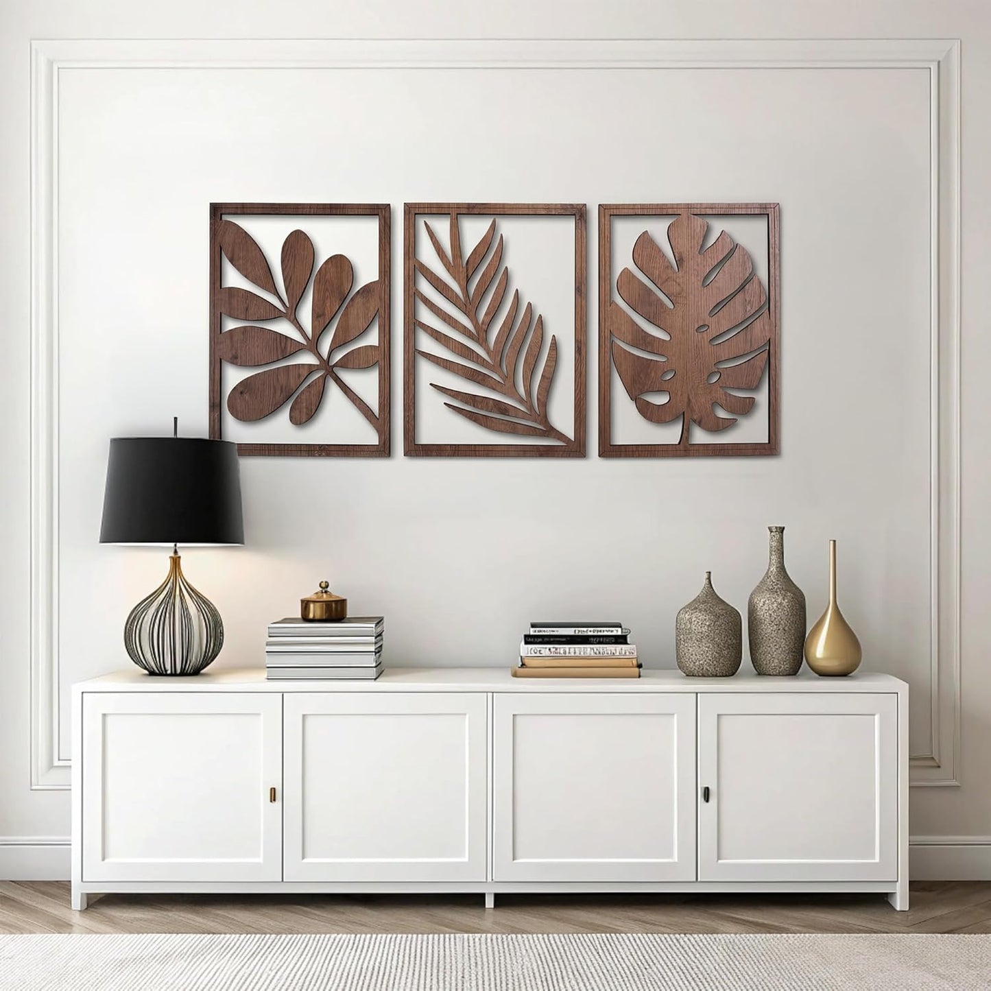 qmmp Modern Wooden Wall Sculptures - Set of 3 - Home Decor Accent - Large Wall Art for Living Room, Bedroom, Office - Easy Installation (Oak, Medium - Mountain and Sun)