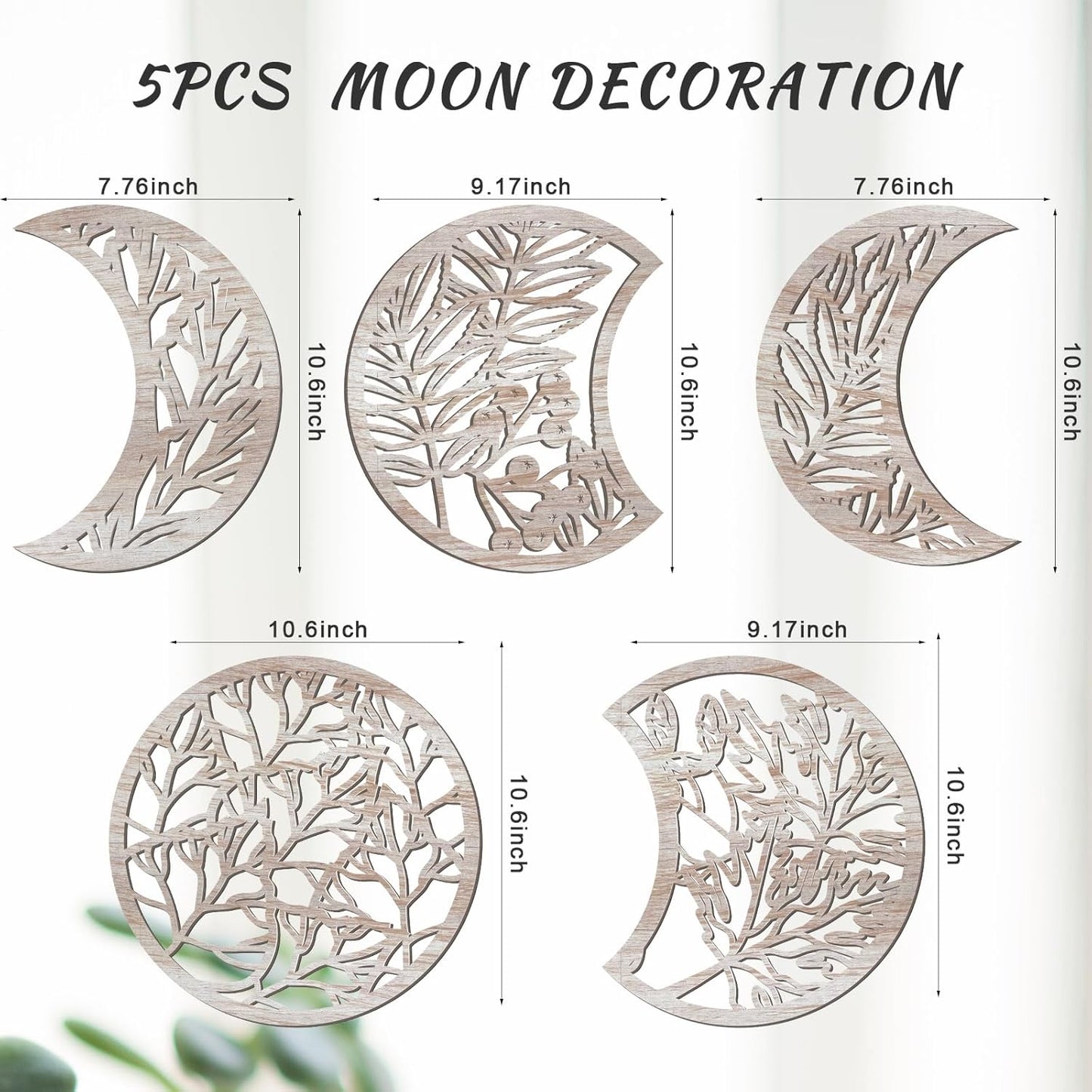 Jetec 5 Pcs Moon Phase Wall Art Decor Wall Pediments Hanging Wooden Phase Spiritual Bedroom Nordic Boho Lunar Aesthetic Art for Living Room Dorm Apartment Ornament(Brown,10.6 Inch,Botanical)