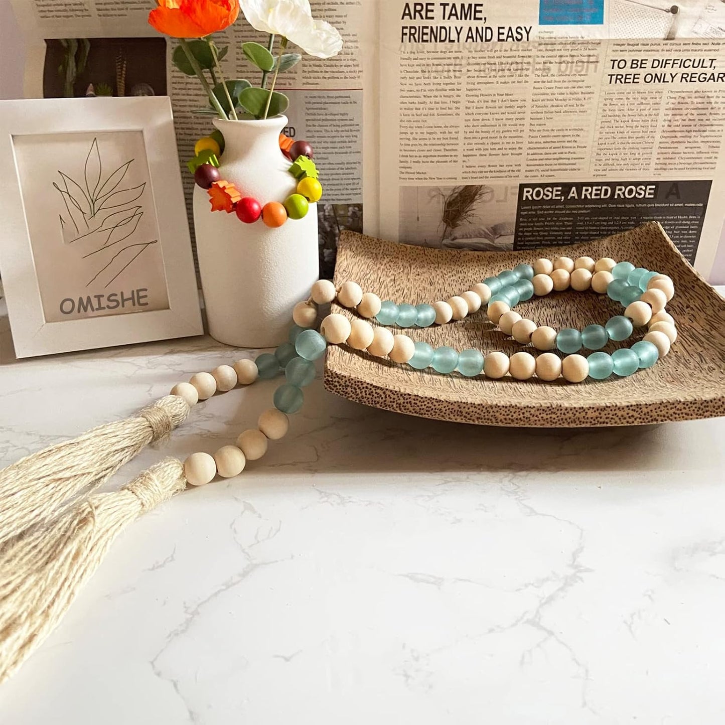 OMISHE Wood Bead Garland with Tassels 61 Inches, Boho Decorative Beads, Farmhouse Beads Garland for Home Tiered Tray Decor, Beige Gray