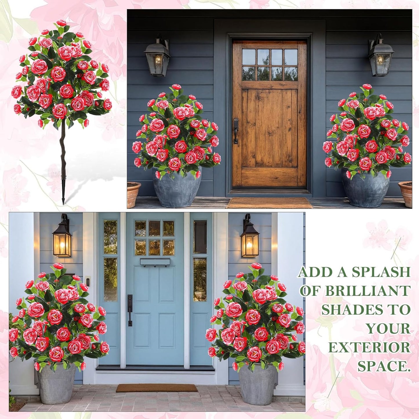 Lunmon 2 Pack 3ft Artificial Camellia Plants Tree 36" Faux Camellia Flower with Spike UV Resistant Realistic Fake Floral Blooming Bush for Indoor Outdoor Front Door Porch Backyard Garden, Purple
