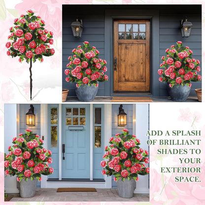 Lunmon 2 Pack 3ft Artificial Camellia Plants Tree 36" Faux Camellia Flower with Spike UV Resistant Realistic Fake Floral Blooming Bush for Indoor Outdoor Front Door Porch Backyard Garden, Purple
