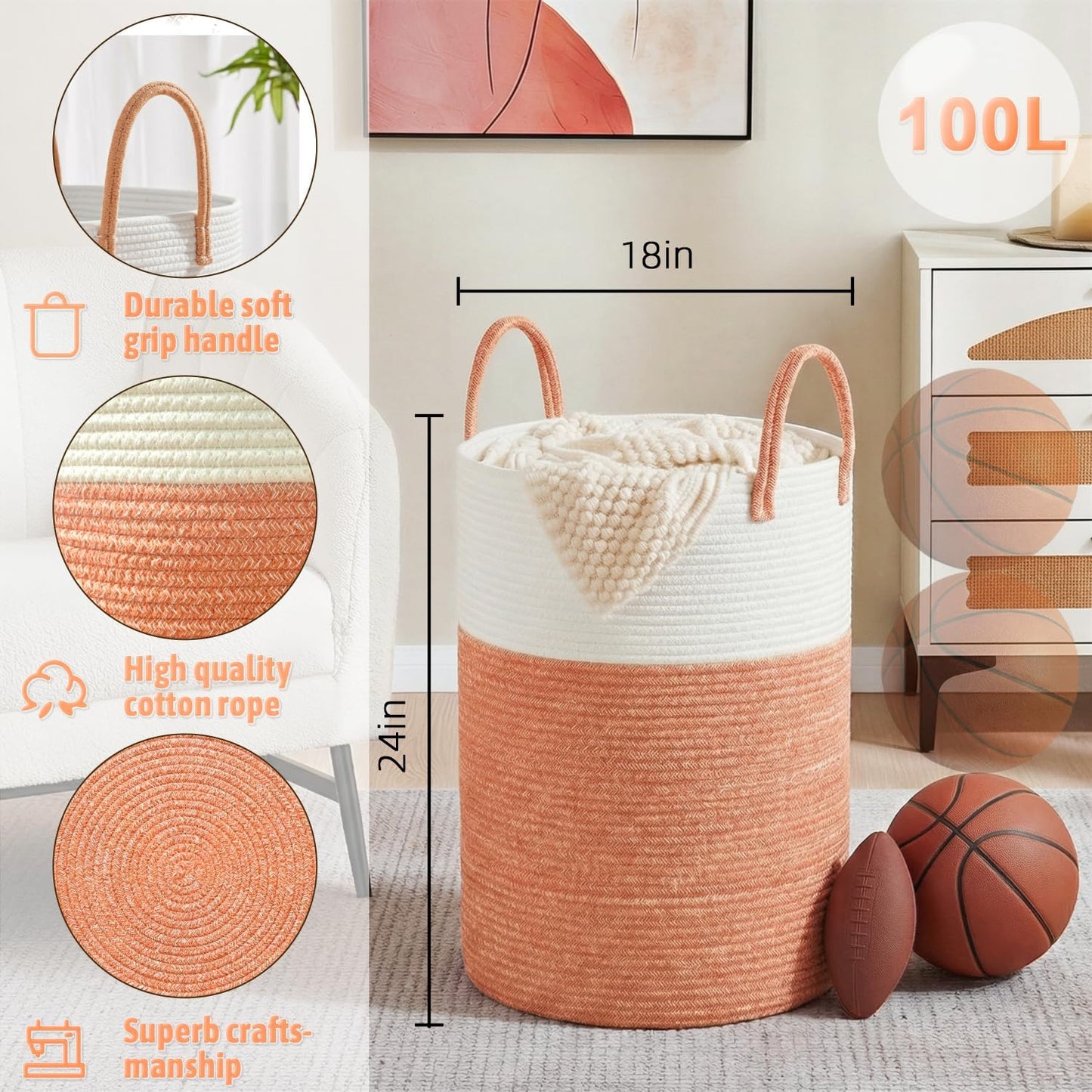 Artfeel Laundry Basket,Woven Cotton Rope Laundry Hamper,60L for Decor Storage of Dirty Clothes,Toys and Blankets in Bathroom,Baby Room and Living Room
