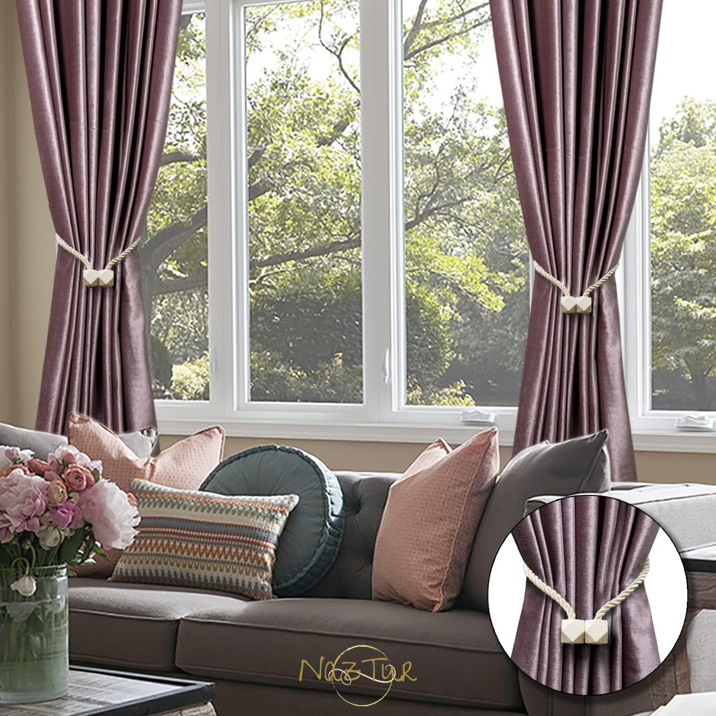 NazTur Magnetic Curtain Tiebacks- Upgrade 2022 with a Thicker Twist Rope & Strong Magnet Tieback Window Treatment Holdbacks Draperies Holders Decorative Drape Handmade Tie Back (Black, 2)