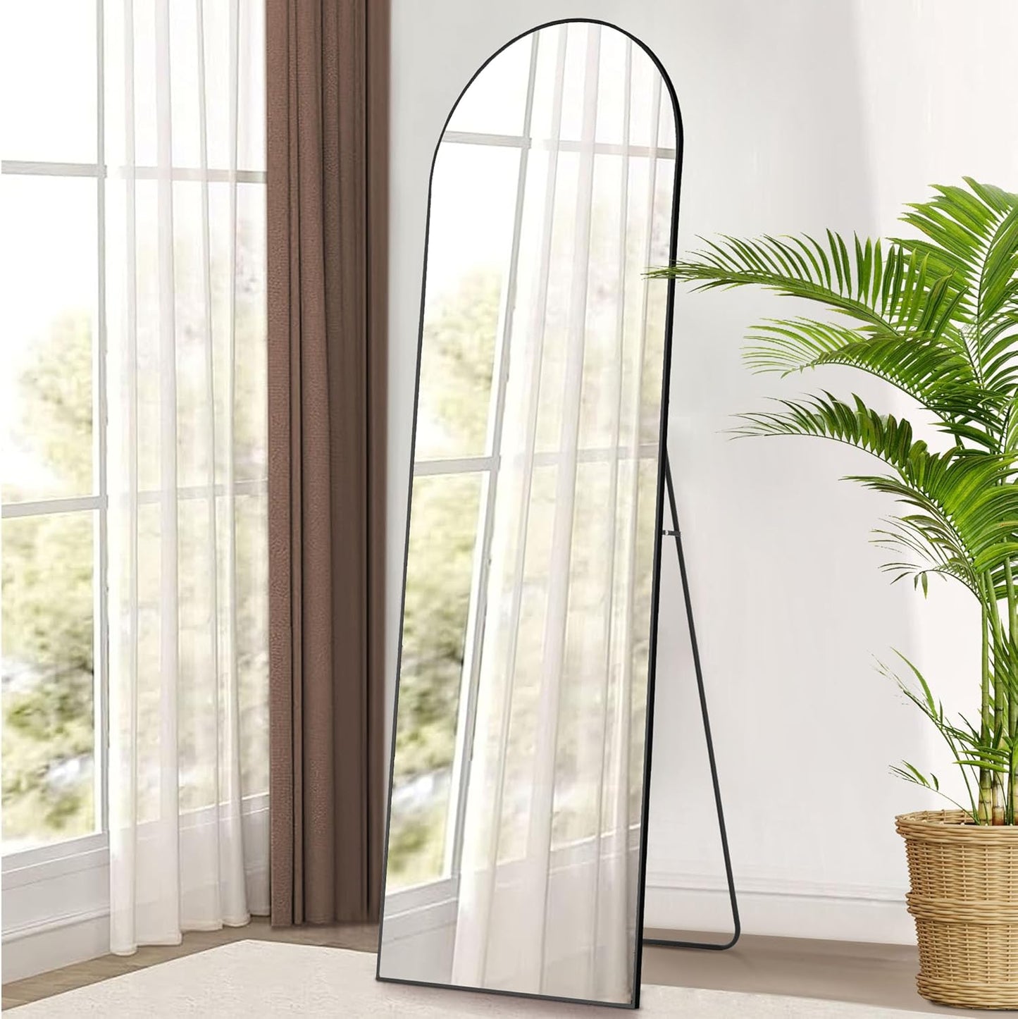 OLIXIS Black Arched Full Length Mirror 60"x16" for Bedroom, Full Body Mirror with Stand, Hanging or Leaning for Wall, Aluminum Alloy Thin Frame Floor Standing for Living Room