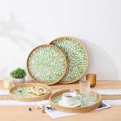 Round Rattan Tray with Mother of Pearl Inlay, Rattan Serving Tray with Wooden Base, Decorative Wicker Basket for Table Decor, Storage and Display of Coffee Bread Food Fruit (Leaf)