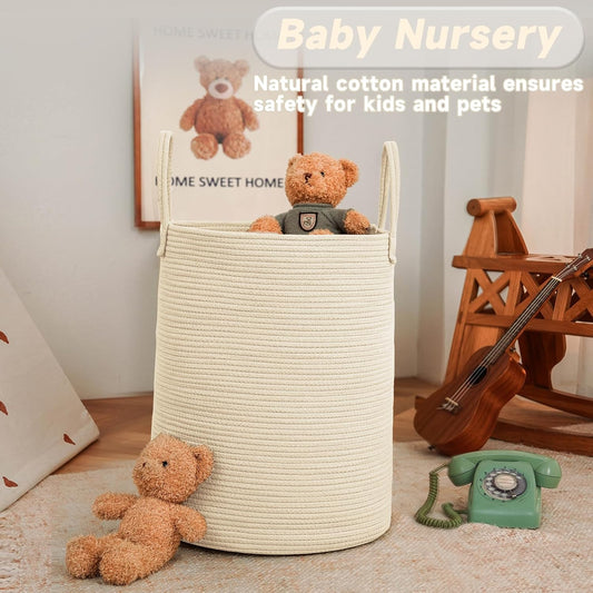 JMvicyroam Large Woven Laundry Basket Hamper,60L Cotton Rope Storage Bin for Blankets,Toys and Clothes,Decorative Tall Nursery Hamper for Living Room,Baby Nursery,Bathroom and Bedroom,Brown