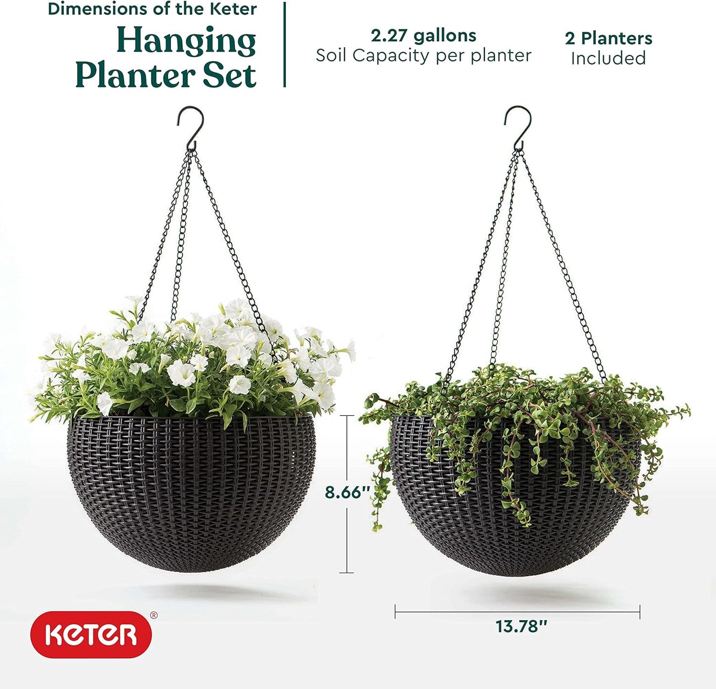 Keter Resin Rattan Set of 2 Round Hanging Planter Baskets for Indoor and Outdoor Plants-Perfect for Porches and Patio Decor, Cappuccino