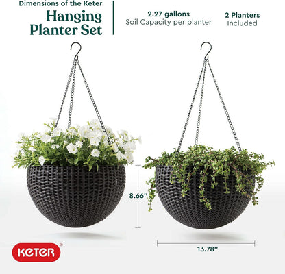 Keter Resin Rattan Set of 2 Round Hanging Planter Baskets for Indoor and Outdoor Plants-Perfect for Porches and Patio Decor, Cappuccino