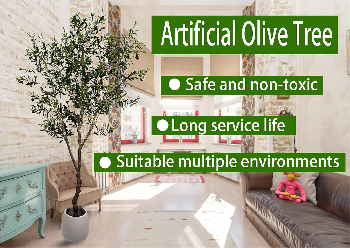 AfanD Artificial Tree Faux Olive Tree 8ft(92in,3200leaves) Tall Fake Olive Plant in Pot Fake Silk Tree Faux Plants Indoor