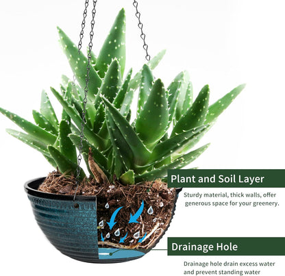Vanslogreen 2 Pack Hanging Planters for Indoor Outdoor Plants, 10 Inch Hanging Planter with Drainage Hole & Plug Glazed Hanging Baskets Flower Pots for Garden Home (Blue)