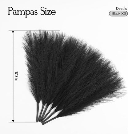 UREYMX Faux Pampas Grass Decor 17.7 Inch 6pcs, Artificial Pampas Grass Fluffy Home Decor, Short Vase Room Decor pompous Grass Flower Arrangement for Boho Home Wedding Decoration (Black)