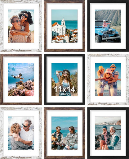 Vittanly 8x10 Picture Frames Set of 9, Shatter Resistant Plexiglass, Display 5x7 Pictures with Mat or 8x10 without Mat, Photo Frames for Wall or Tabletop, Engineered Wood, Black - Colors B