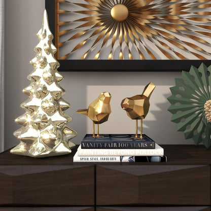 CosmoLiving by Cosmopolitan Polystone Bird Decorative Sculpture Home Decor Statues with Origami Accents, Set of 2 Accent Figurines 7", 8"H, Gold