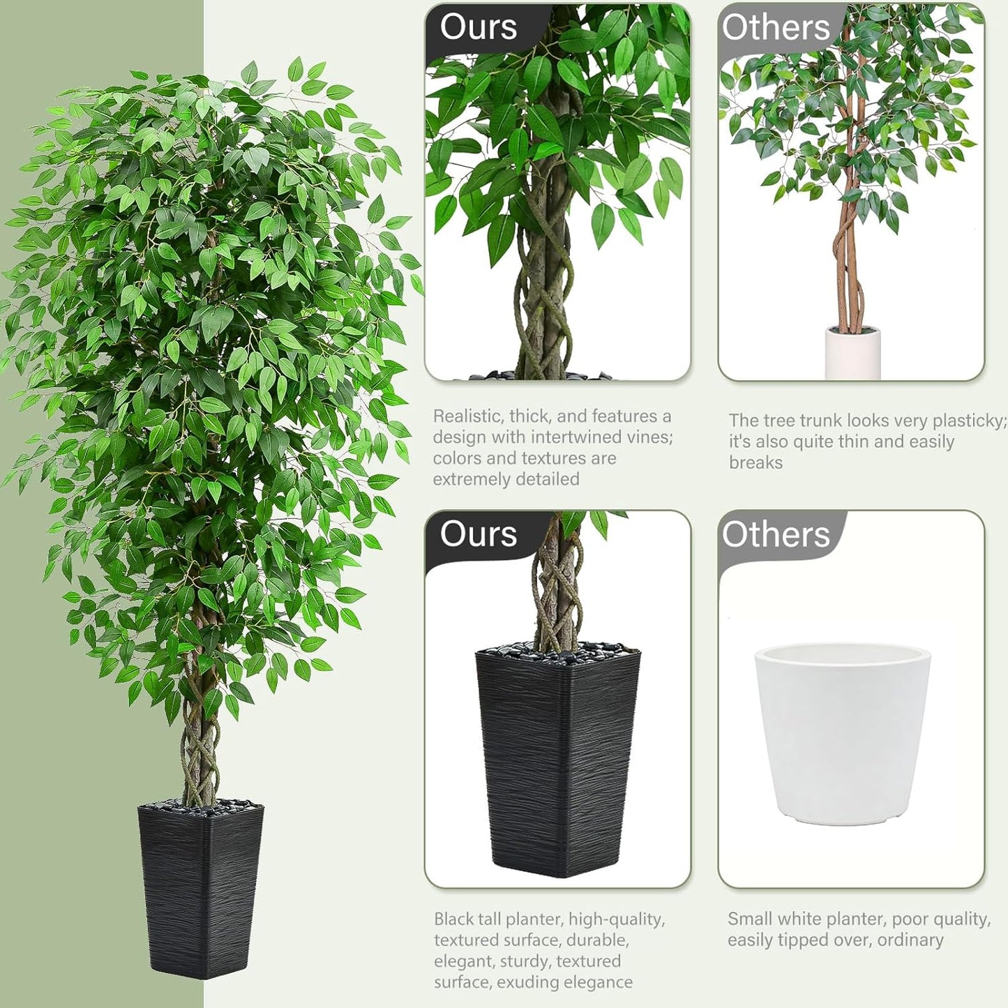 Artificial Ficus Tree 6FT Faux Plants Indoor Tall Fake Plants with White Planter, Green Lifelike Lush Fake Ficus Tree for Home Living Room Bedroom Outdoor Balcony House Office Decor