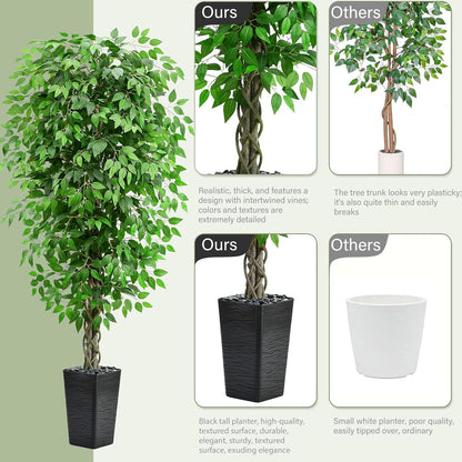 Artificial Ficus Tree 6FT Faux Plants Indoor Tall Fake Plants with White Planter, Green Lifelike Lush Fake Ficus Tree for Home Living Room Bedroom Outdoor Balcony House Office Decor
