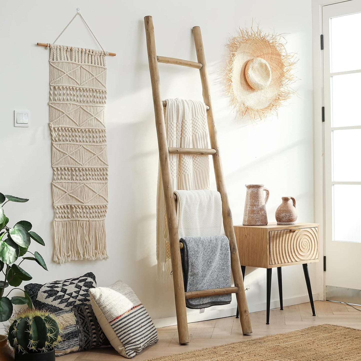 FUIN 57in Wood Blanket Ladder Living Room Decorative Wall Leaning Farmhouse Quilt Display Holder Rustic Wooden Towel Rack for Bathroom, Brown