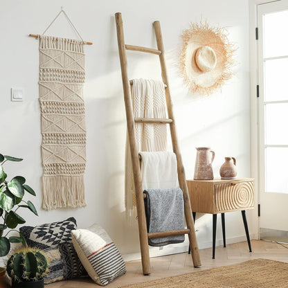 FUIN 57in Wood Blanket Ladder Living Room Decorative Wall Leaning Farmhouse Quilt Display Holder Rustic Wooden Towel Rack for Bathroom, Brown