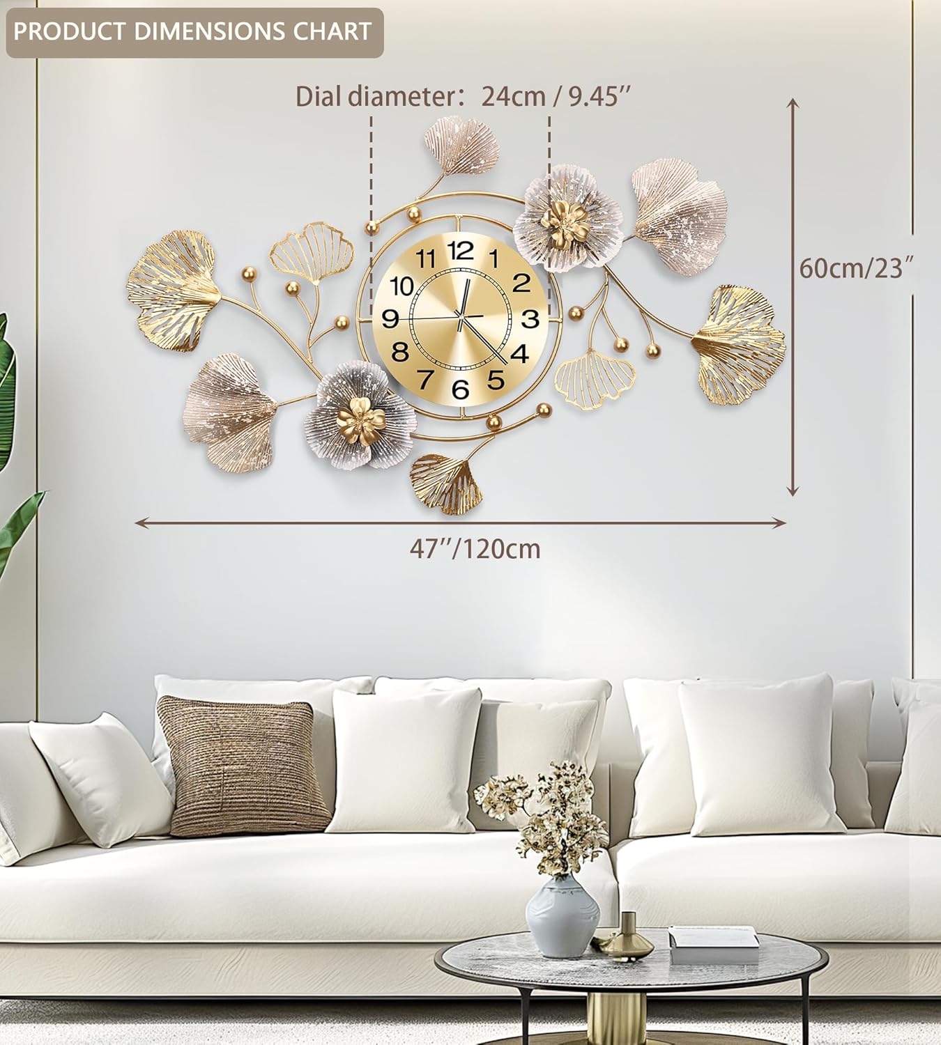 Clocks for Living Room, Large Wall Clock, 3D Silent Wall Clock, Retro Metal Ginkgo Leaf Design, for Bedroom Kitchen Decorative Wall Clocks（32''x18'' ）