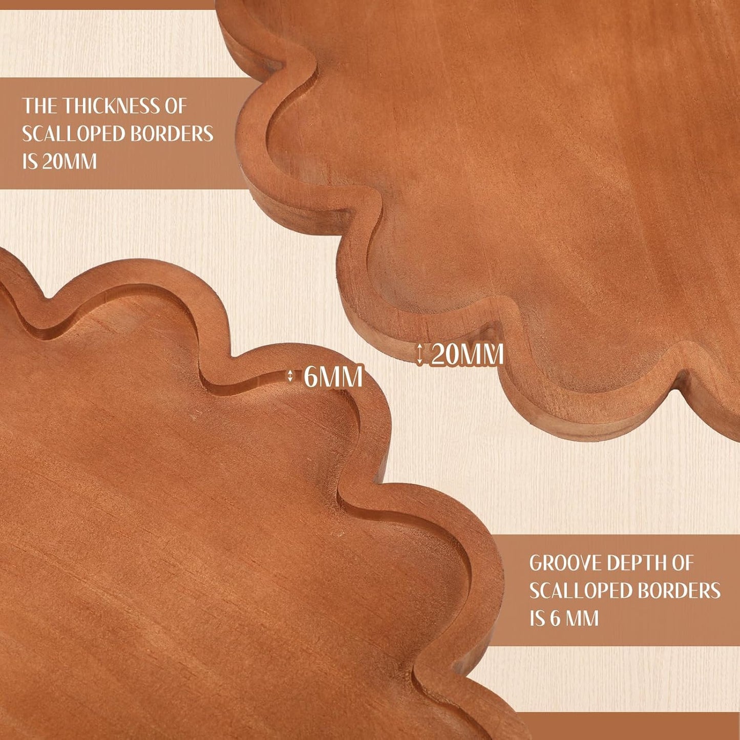 BreezeHug Brown Decorative Serving Tray Wood 12.6 Inch Scalloped Serving Tray Round Wooden Display Plate with Scalloped Borders for Coffee Table Living Room Bedroom Entryway Decoration