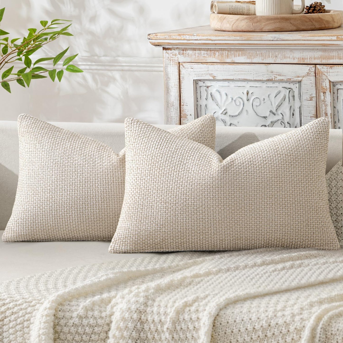 MIULEE Pack of 2 Couch Throw Pillow Covers 18x18 Inch Neutral Beige Modern Boho Accent Decorative Pillow Covers Soft Chenille Farmhouse Cushion Covers for Home Decor Bed Sofa Living Room