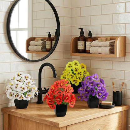 LOYWREE 4 Pack Small Artificial Mums Flowers in White Pots, Fake Mini Potted Plants, Spring Floral Decor for Home Bathroom Shelves Office Desk Table Centerpiece Indoor Decoration