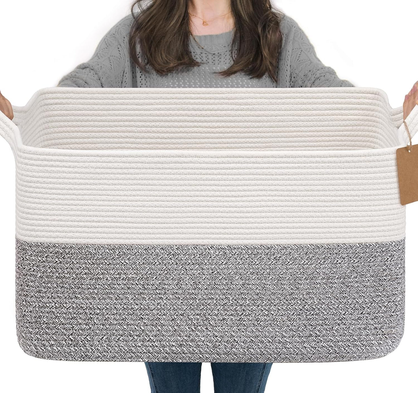 Goodpick Woven Storage Basket, Cotton Rope Basket for Dog Toys, Books, Stylish Gift Basket with Handles, 13 x 10 x 9 Inches Square Baskets for Organizing, Brown and White
