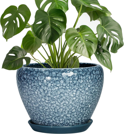 6 Inch Plant Pot - Ceramic Pots for Plants with Drainage Hole and Saucer, Round Succulent Planter Indoor Outdoor, Modern Flower Pot for Snake Plants, Home Decor, Gifts for Plant Lover, Blue