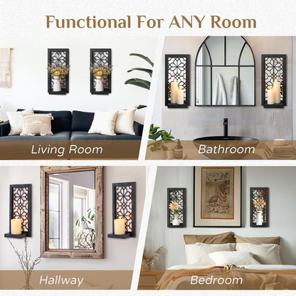 Farmhouse Wall Candle Holder Decor: Rustic Candle Sconces Set of Two for Pillar Candles - Brown Wooden Shelving for Fireplace Bathroom Hallway