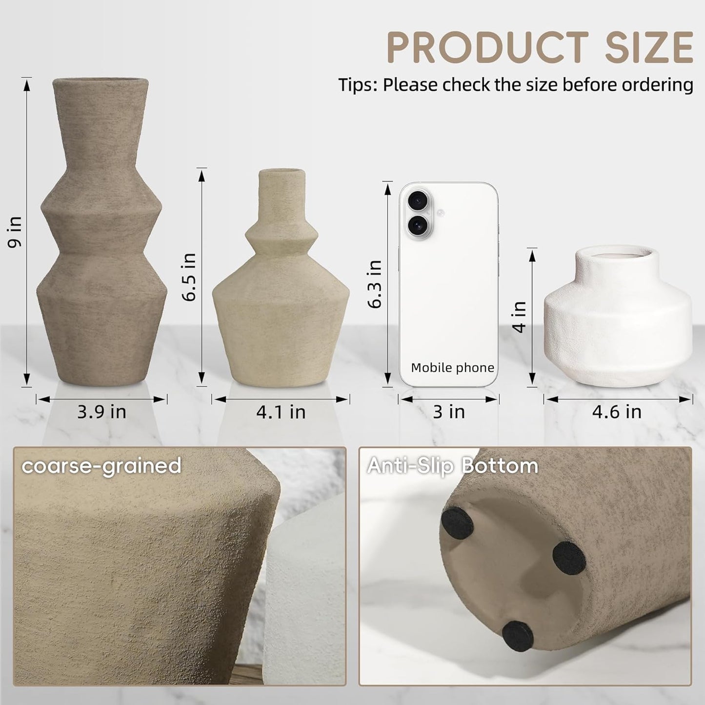DREAMLOOM Ceramic Vase Set of 3, Modern Rustic Flower Vases for Pampas Grass, Dried & Fresh Flowers, Farmhouse Decorative Vase for Living Room Bedroom Kitchen Shelf Centerpiece, Rust
