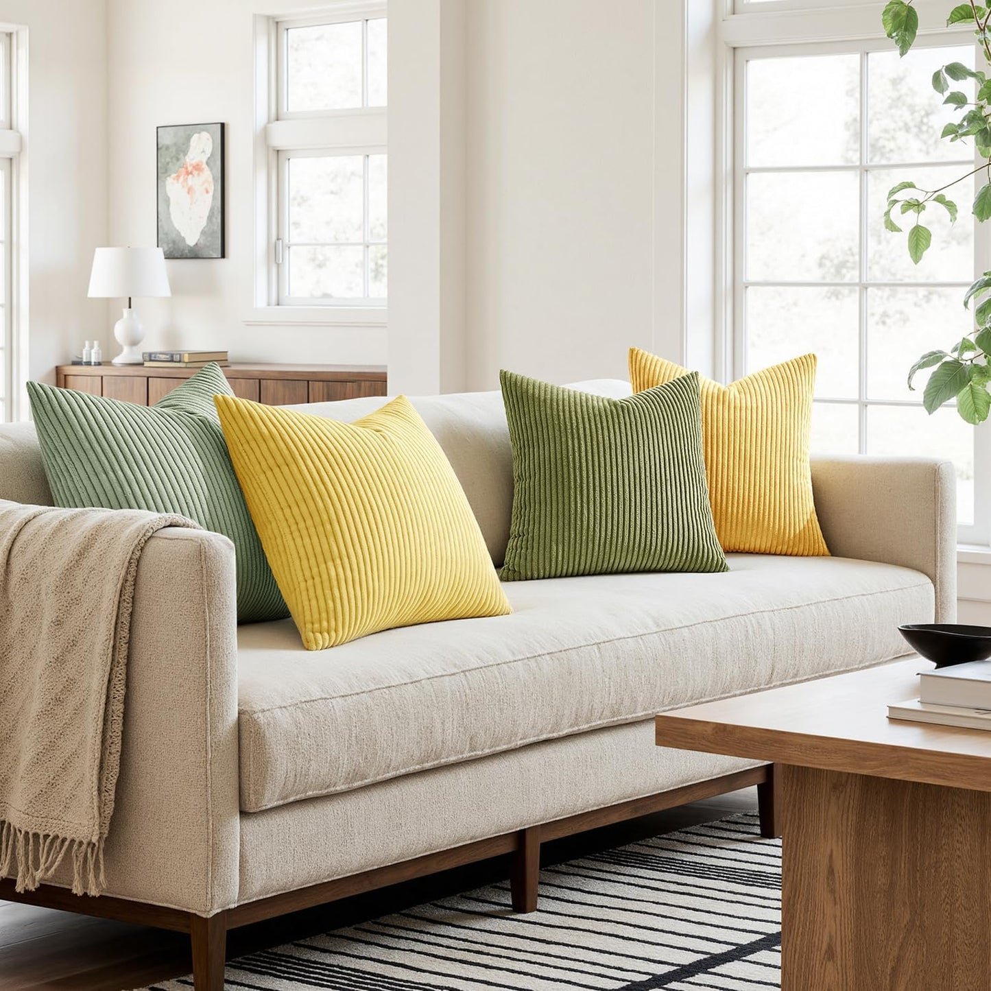 MIULEE Boho Farmhouse Sage Green Throw Pillow Covers 18x18 Inch Set of 4 Mordern Nordic Cushion Covers Soft Corduroy Spring Home Decor for Couch Bed Sofa Living Room Forest Green
