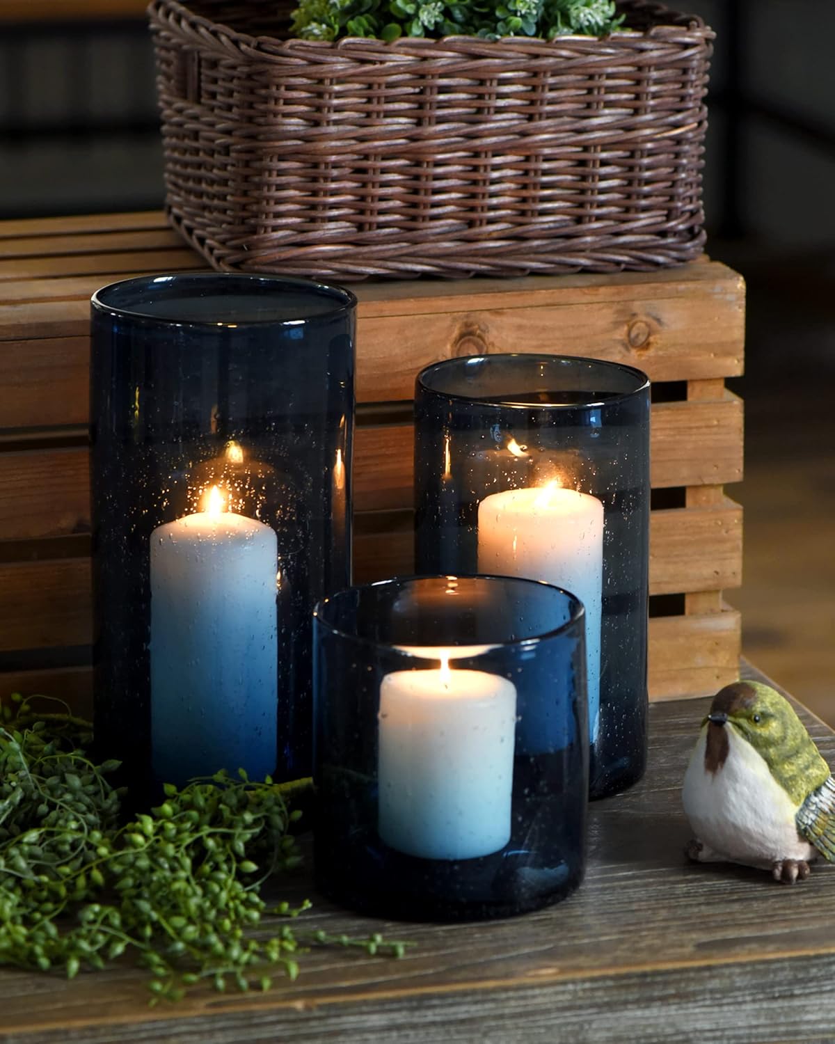 Hurricane Candle Holders for Pillar Hand Blown Glass Cylinder Vases Table Centerpiece Bulk Room Decor Clear Seeded Bubbles Living Dining Kitchen Island 10" 7" 4" Set of 3