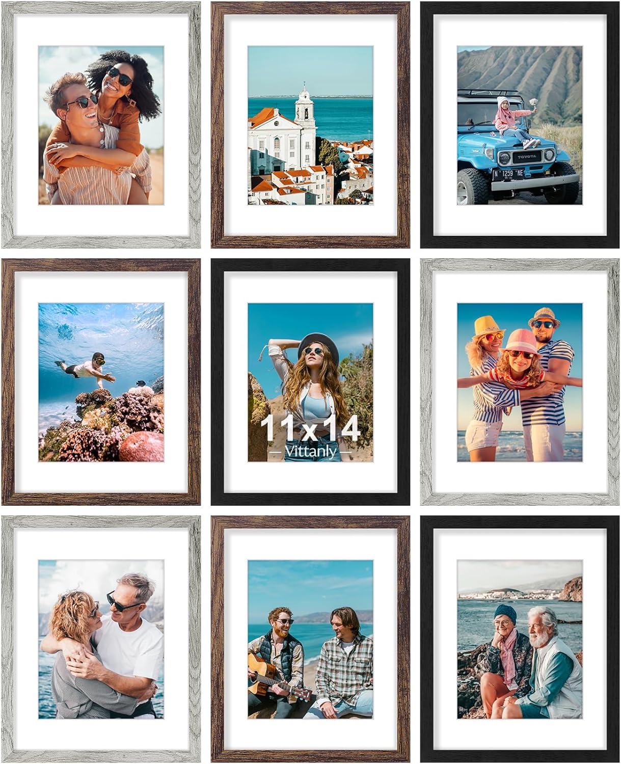 Vittanly 8x10 Picture Frames Set of 9, Shatter Resistant Plexiglass, Display 5x7 Pictures with Mat or 8x10 without Mat, Photo Frames for Wall or Tabletop, Engineered Wood, Black - Colors A