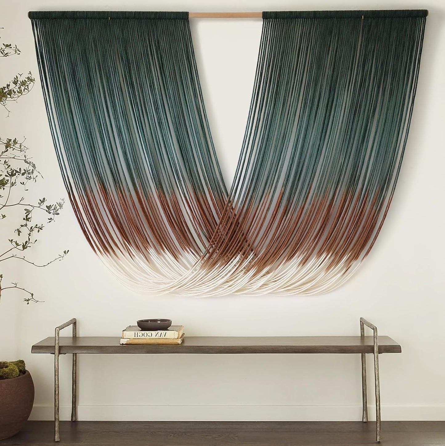 Flber Macrame Wall Hanging Boho Wall Decor Tapestry Dip Dyed Ombre Moss Green Handmade Wall Art Woven Cotton Rope Backdrop with for Bedroom Living Room, 57" W x 39" L