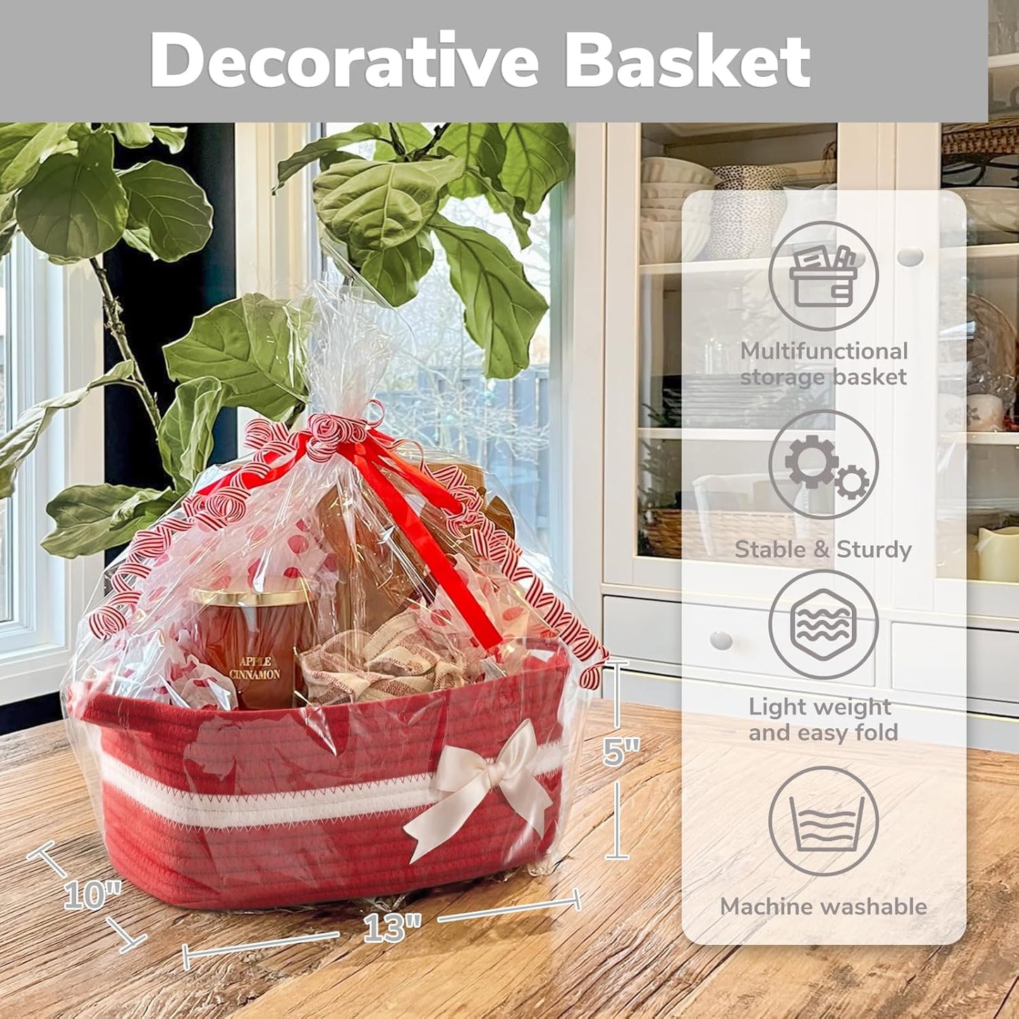 CHICVITA Decorative Gift Basket, Easter Basket for Kids, Woven Rope Storage Baskets with Handles, Nursery Baby Shower Toy Organizer, Grey, 13 x 9.8 x 5 inches