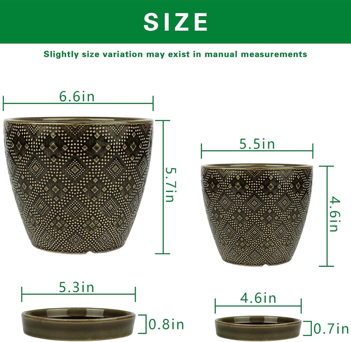 Docrin 3-Pack Ceramic Planters Set - 6.5"+5.3"+4" Dual-Tone Flower Pots with Drainage Holes, Modern Indoor Outdoor Planters for Succulents/Herbs/Large Plants, Home Office (Brownish Black & White)