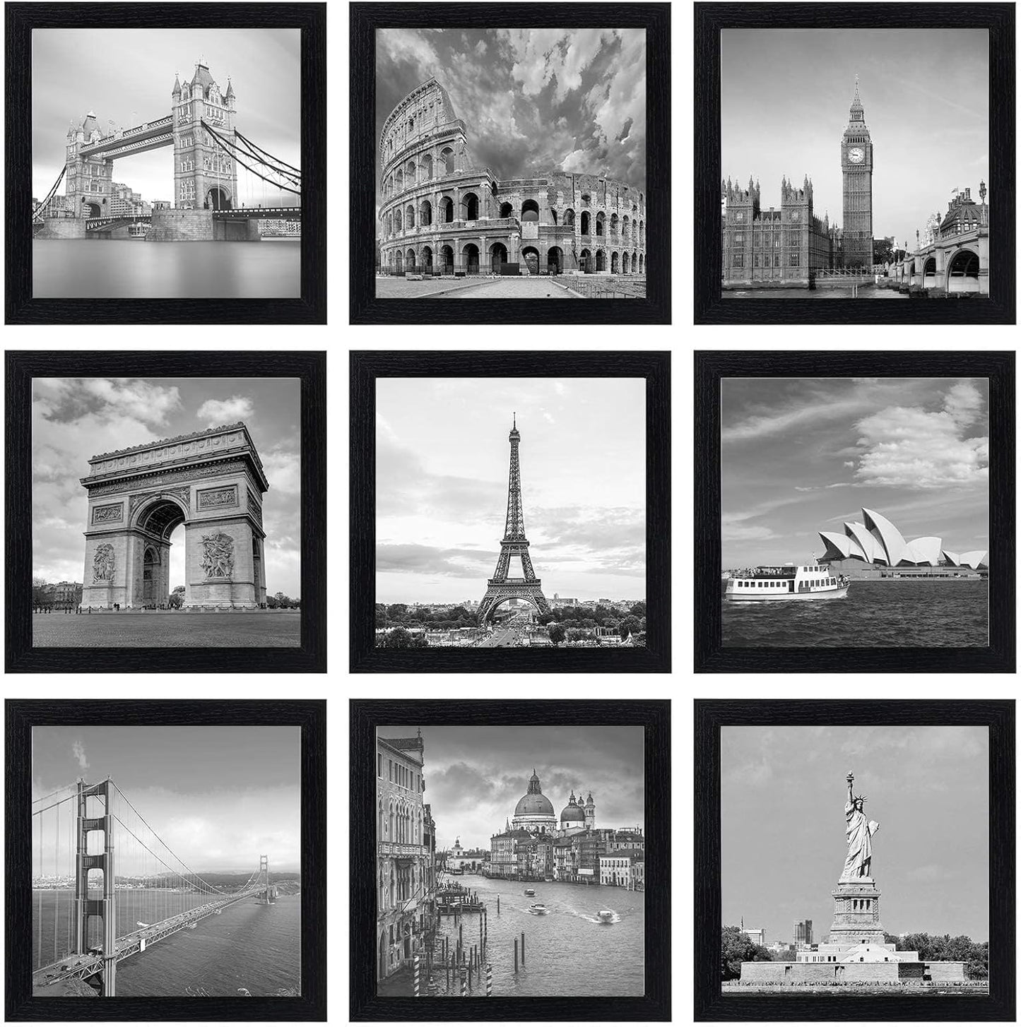 eletecpro 12x12 Picture Frames Set of 9 with Clear Acrylic Cover, Display 8x8 Photos with Mat or 12x12 Without, Classic and Sturdy Square Collage Gallery Wall Decor, Easy Wall Mount, Black