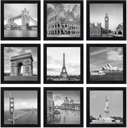 eletecpro 12x12 Picture Frames Set of 9 with Clear Acrylic Cover, Display 8x8 Photos with Mat or 12x12 Without, Classic and Sturdy Square Collage Gallery Wall Decor, Easy Wall Mount, Black