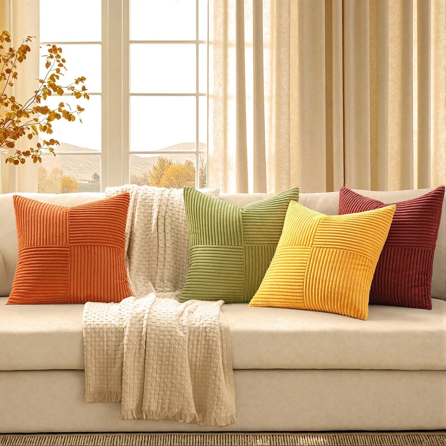 MIULEE Teal Orange Decorative Throw Pillow Covers 18x18 Inch Set of 4 Boho Corduroy Striped Cushion Cases Modern Farmhouse Patchwork Pillow Cases for Couch Sofa Bedroom Home Decor