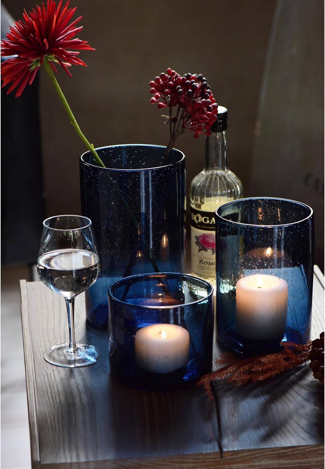 Hurricane Candle Holders for Pillar Hand Blown Glass Cylinder Vases Table Centerpiece Bulk Room Decor Clear Seeded Bubbles Living Dining Kitchen Island 10" 7" 4" Set of 3